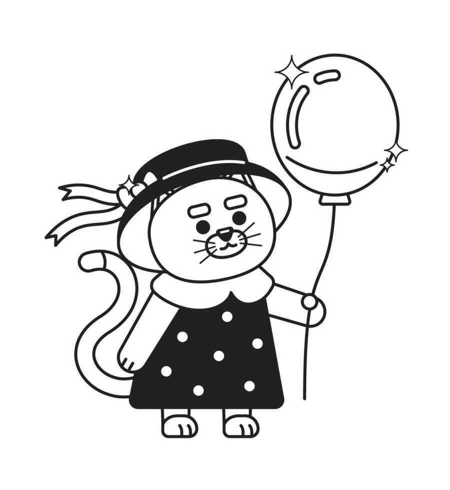 Kitten girl holding balloon monochromatic flat vector character. Childlike cat standing in cute dress. Editable thin line full body personage on white. Simple bw cartoon spot image for web design
