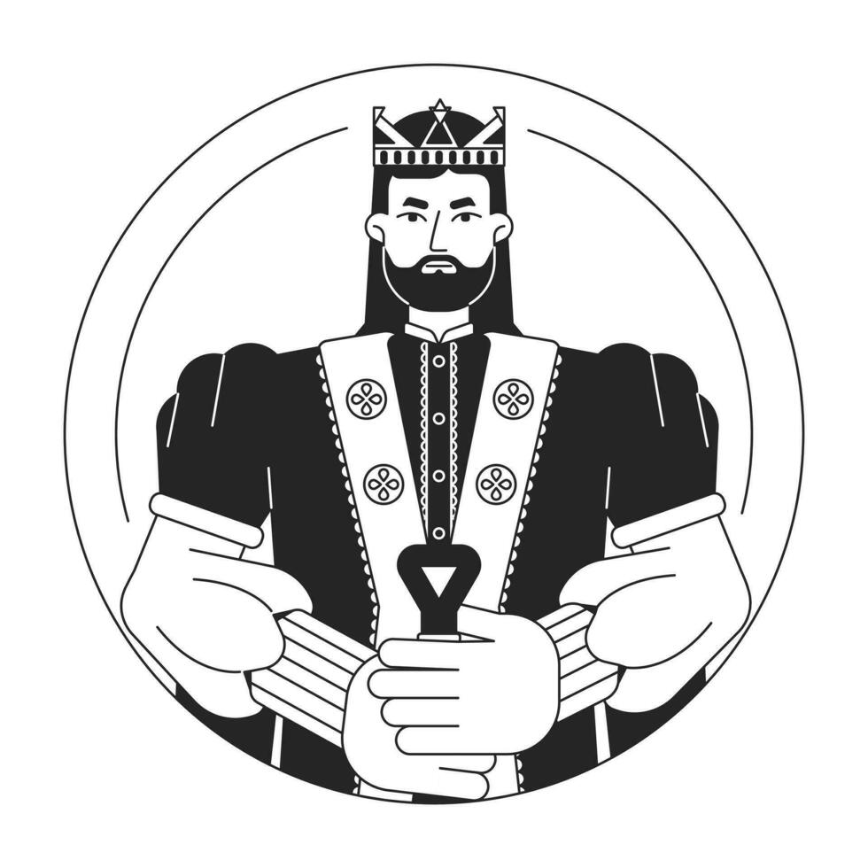 Confident king in golden crown flat line black white vector character. Bearded man holding sword. Editable outline half body person. Simple cartoon isolated spot illustration for web graphic design