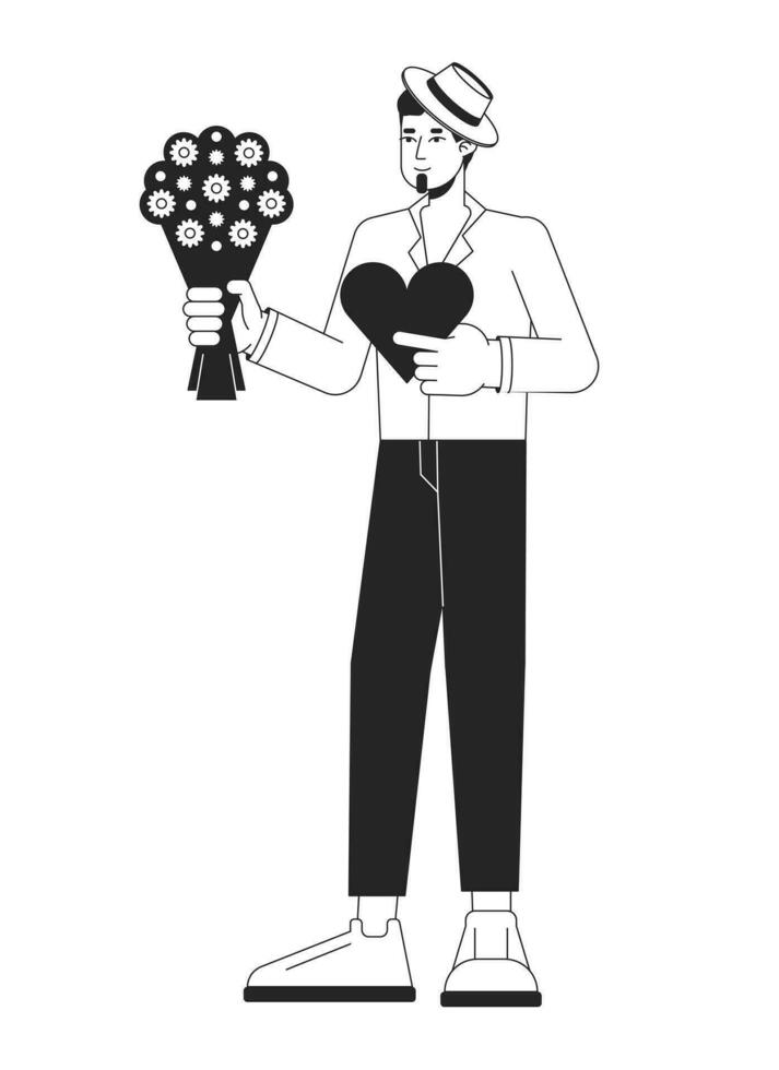 Lover flat line black white vector character. Romantic man holding bouquet and sweets. Editable outline full body person. Simple cartoon isolated spot illustration for web graphic design
