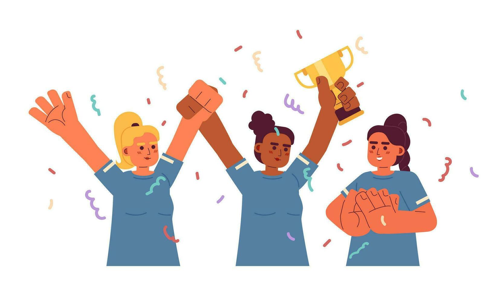 Girls holding golden cup flat concept vector spot illustration. Celebrating. Female teammates on party. Winning 2D cartoon characters on white for web UI design. Isolated editable creative hero image