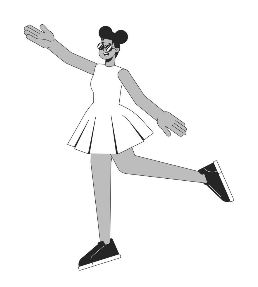 Dancing african american girl flat line black white vector character. Lady throwing up hands. Editable outline full body person. Simple cartoon isolated spot illustration for web graphic design