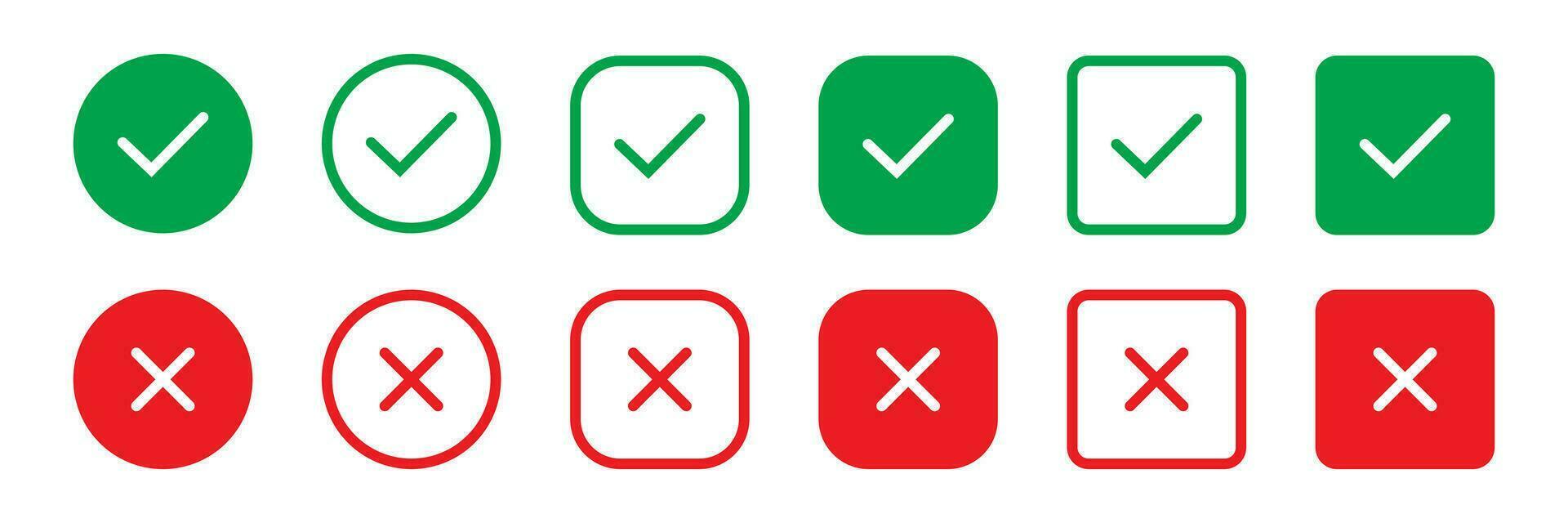 Set green approval check mark and red cross icons in circle and square, checklist signs, flat checkmark approval badge, isolated vector tick symbols.