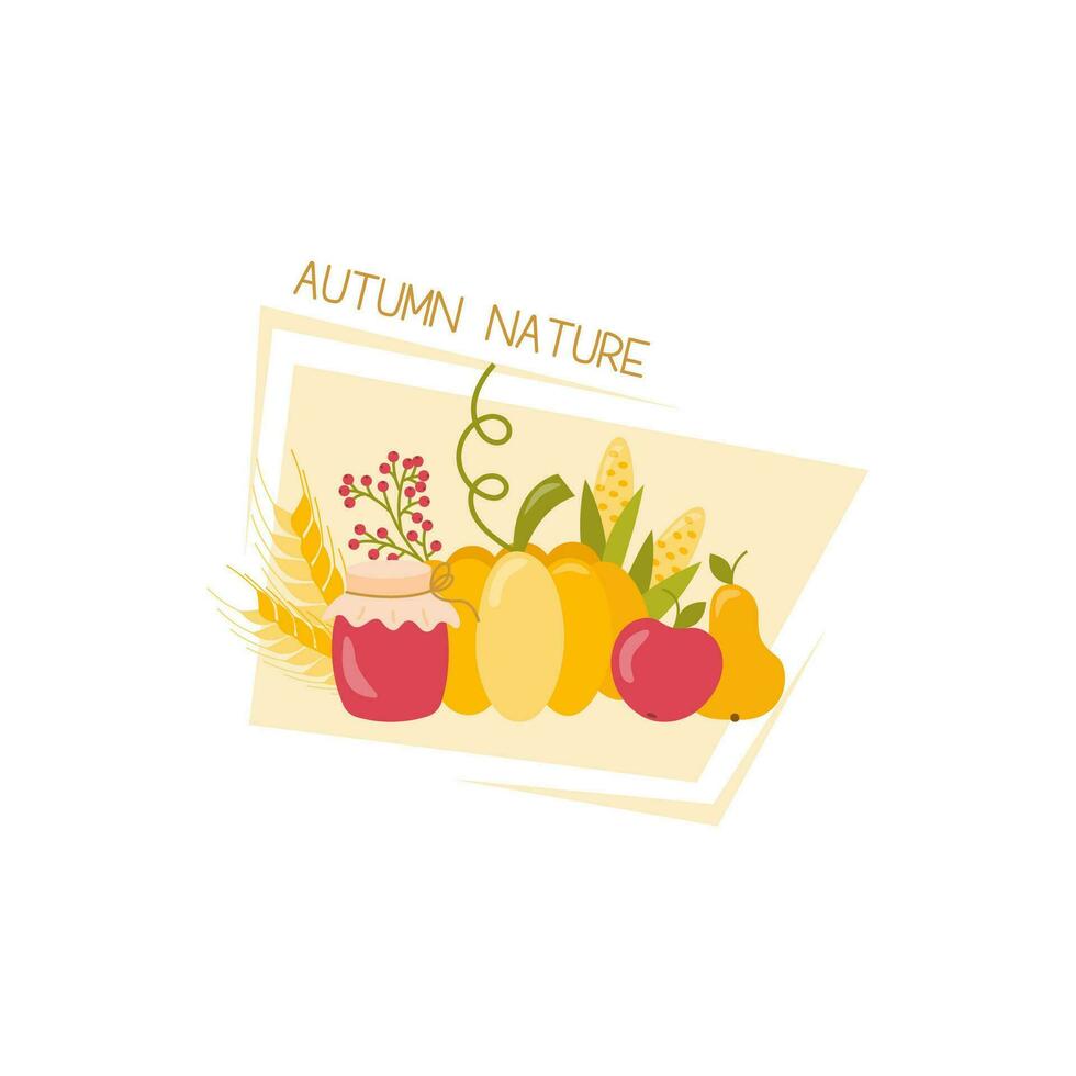 fall greeting card with pumpkins, leaves, fruits. Greeting card, poster, template. Autumn mood. Thanksgiving invitation. Minimalist postcard with autumn theme. Flat style. vector