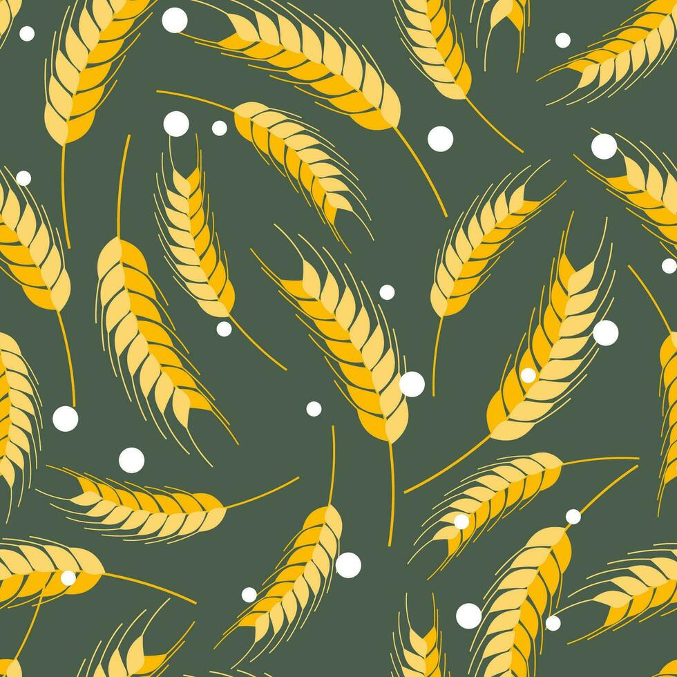 Wheat spikelets and grains, vector seamless pattern in flat style, isolated. Design of print, wrapping paper, packaging on theme of bakery products, flour, harvest, thanksgiving