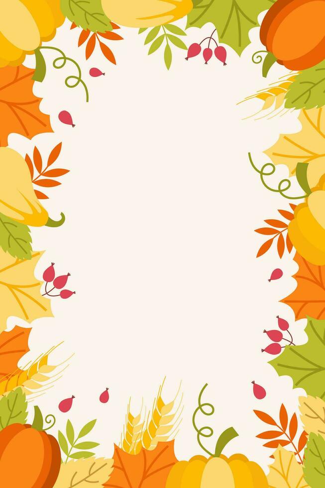 Autumn vertical frame with autumn vegetables and leaves. Flat style vector