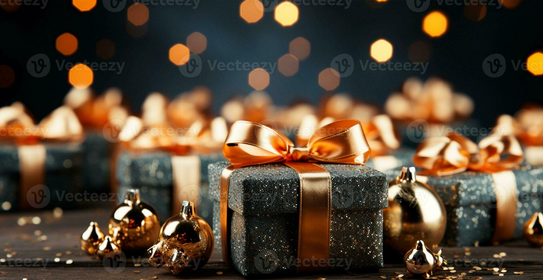 hermosa Navidad regalo caja en brillante bokeh antecedentes - ai generado imagen foto