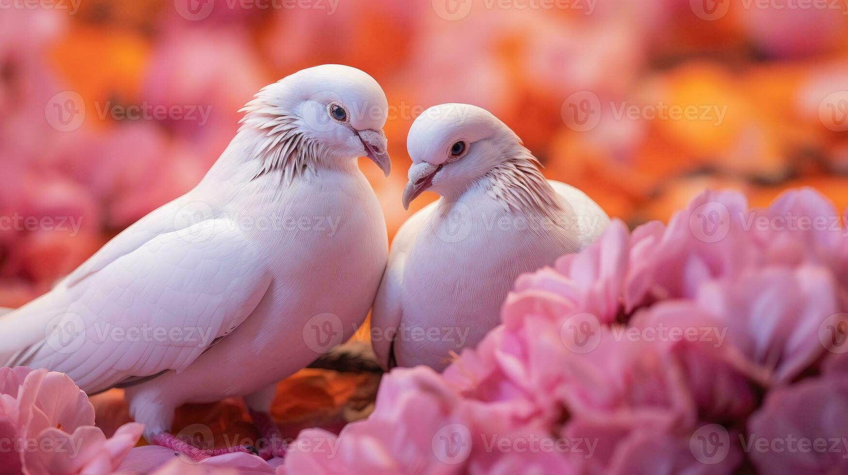 Couple of white pigeons sitting in pink flowers. Generative AI photo