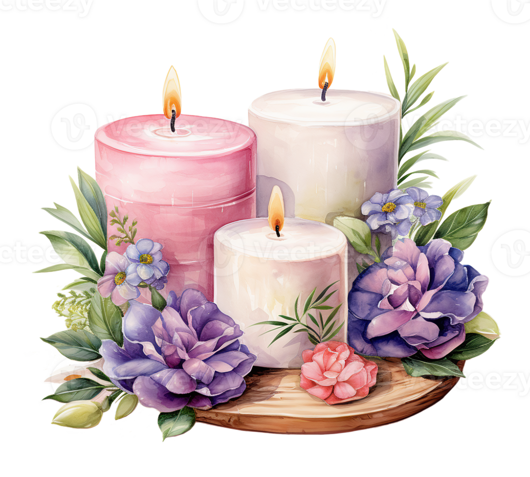 Watercolor aromatic candles and flowers on a wood board isolated on transparent background. AI Generative png
