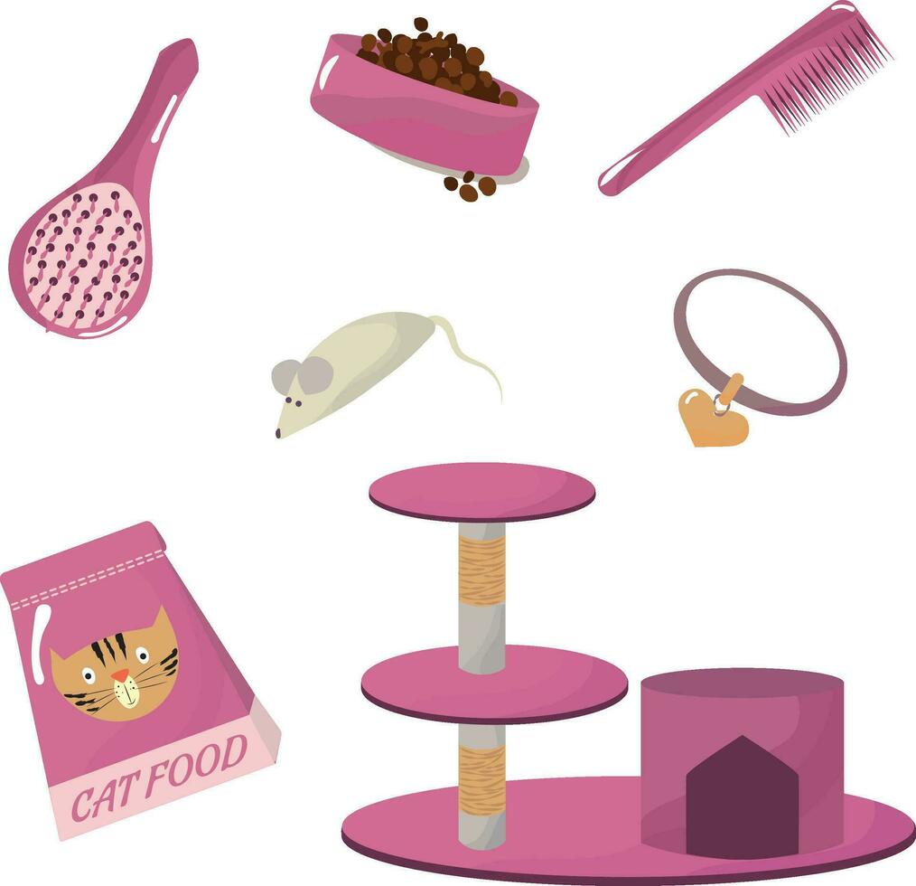 Kit for a domestic cat. Everything you need to get a cat. High quality vector illustration.