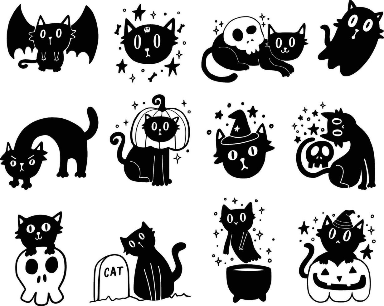 conjunto colección linda negro gato escalofriante Víspera de Todos los Santos vector ilustración