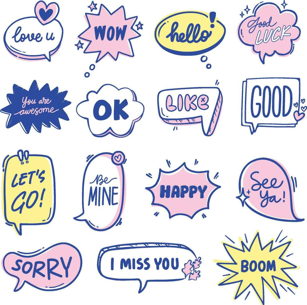 Set Collection Cute Handdrawn Bubble Text lettering vector Illustration