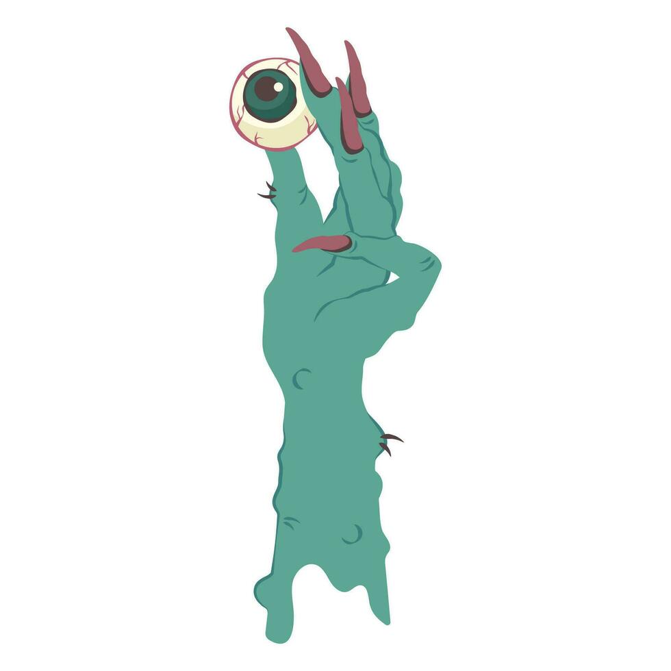 Spooky Hand of monster, zombie. Witch's fingers holding green eye. Creepy cartoon hand isolated. Vector flat illustration for decoration Halloween party, holiday, card