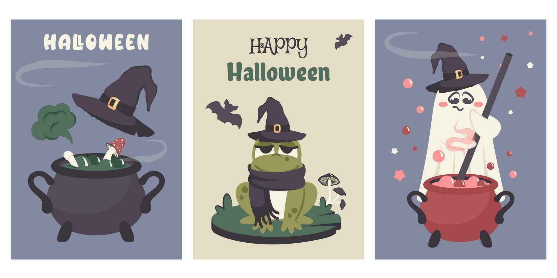 Set of greeting cards to Happy Halloween party. Hand drawn doodle Cute ghost, wizard's hat, funny frog, bat silhouette, potion cauldron, greeting text.Vector illustration for invitation, print vector