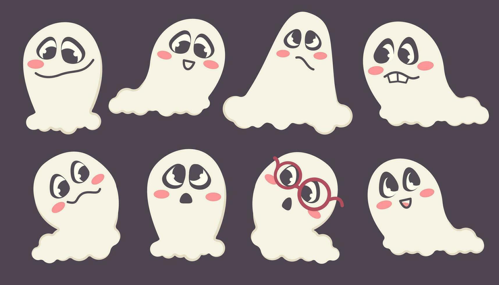 Set of funny cute ghosts. Halloween characters with different emotions and face expression. Collection of comic monsters isolated. Vector Cartoon flat illustration for Halloween party, holiday, card
