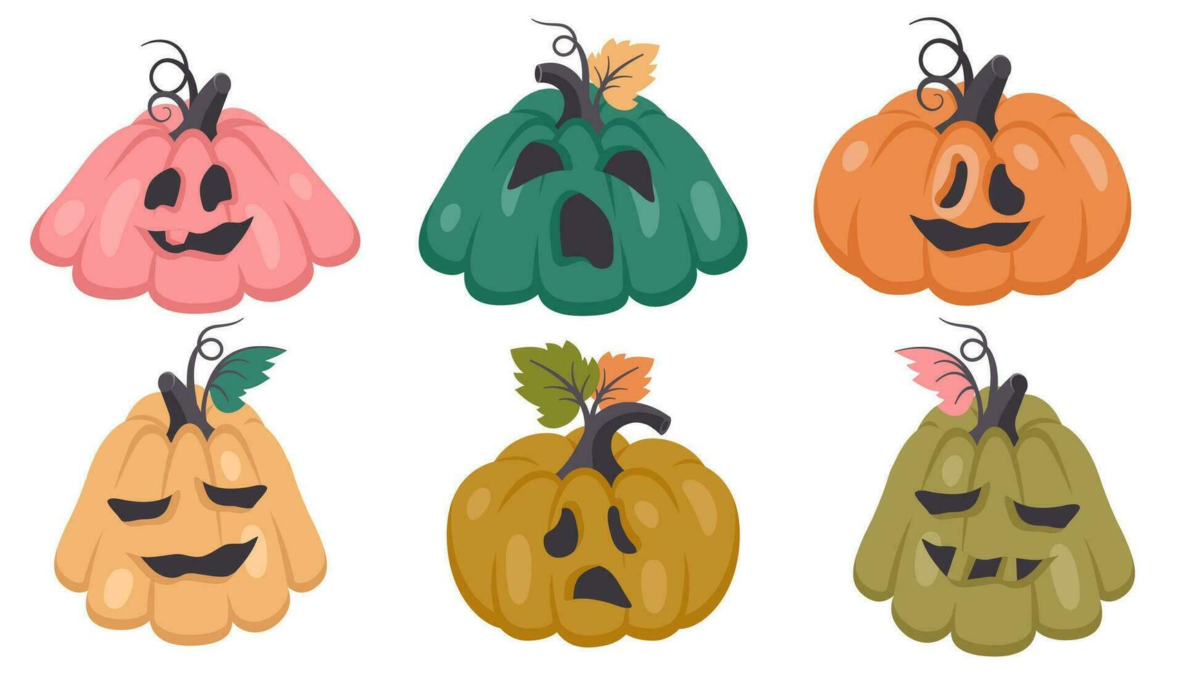 Halloween pumpkin. Set of creepy Hand drawn spooky characters with different emotions. Scary monsters with various facial expressions. Vector cartoon illustration for Halloween party, holiday