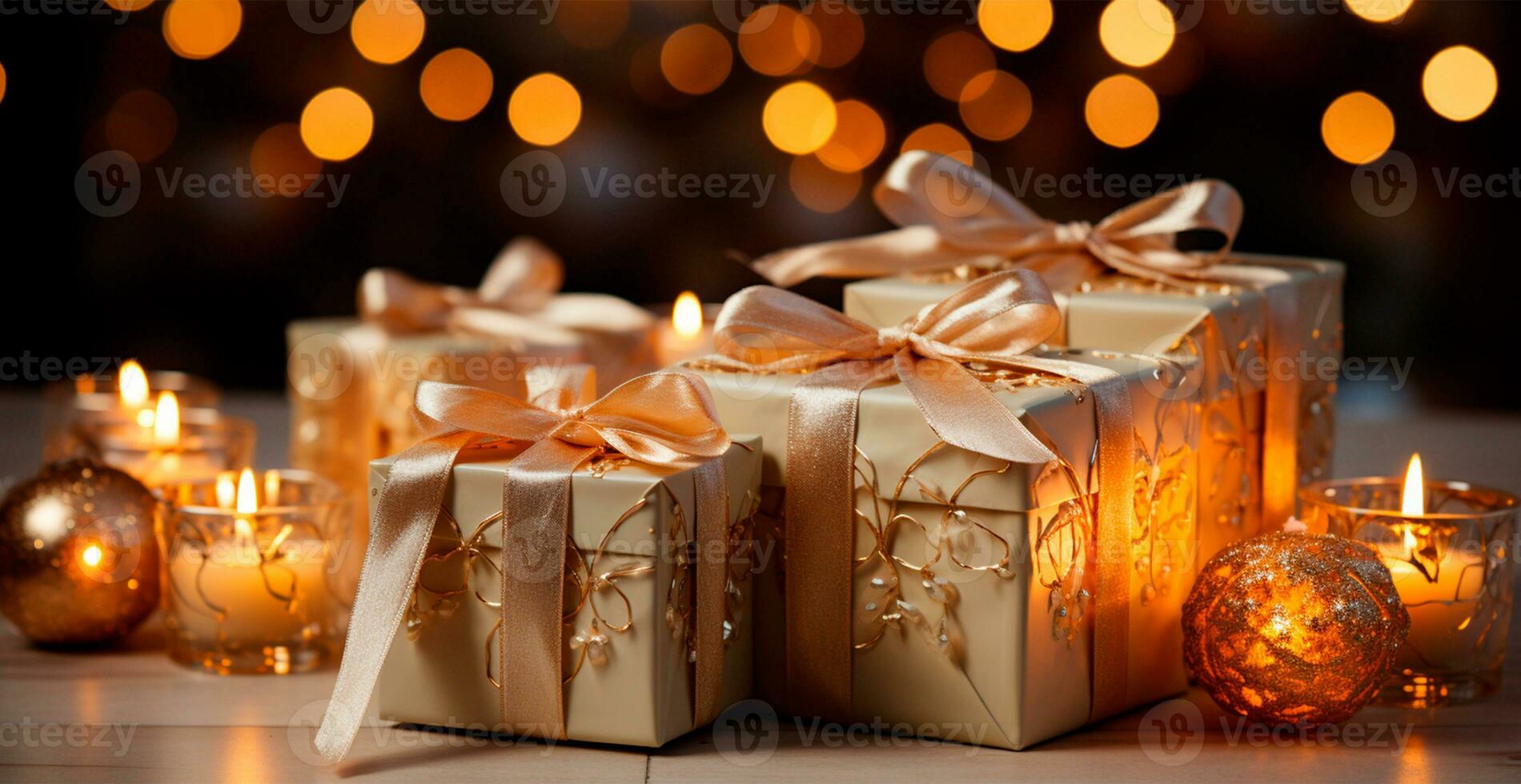 Beautiful Christmas gift box on bright bokeh background - AI generated image photo