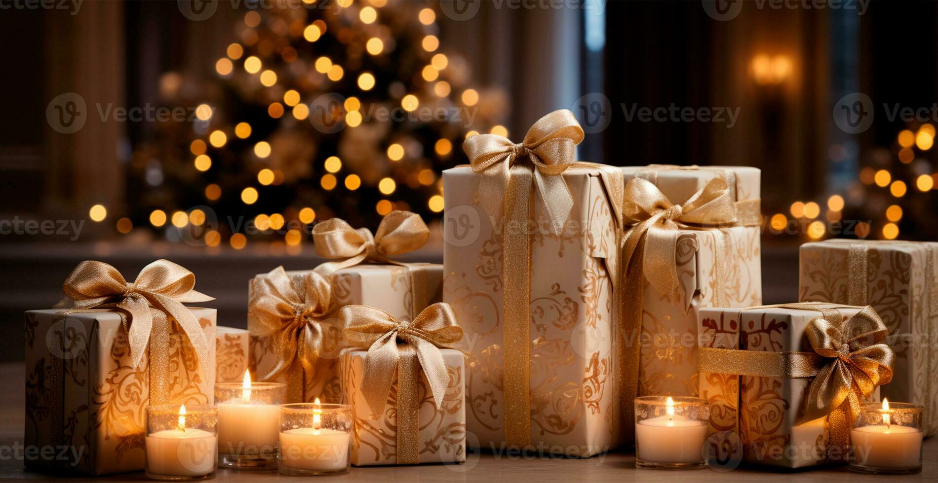 Beautiful Christmas gift box on bright bokeh background - AI generated image photo