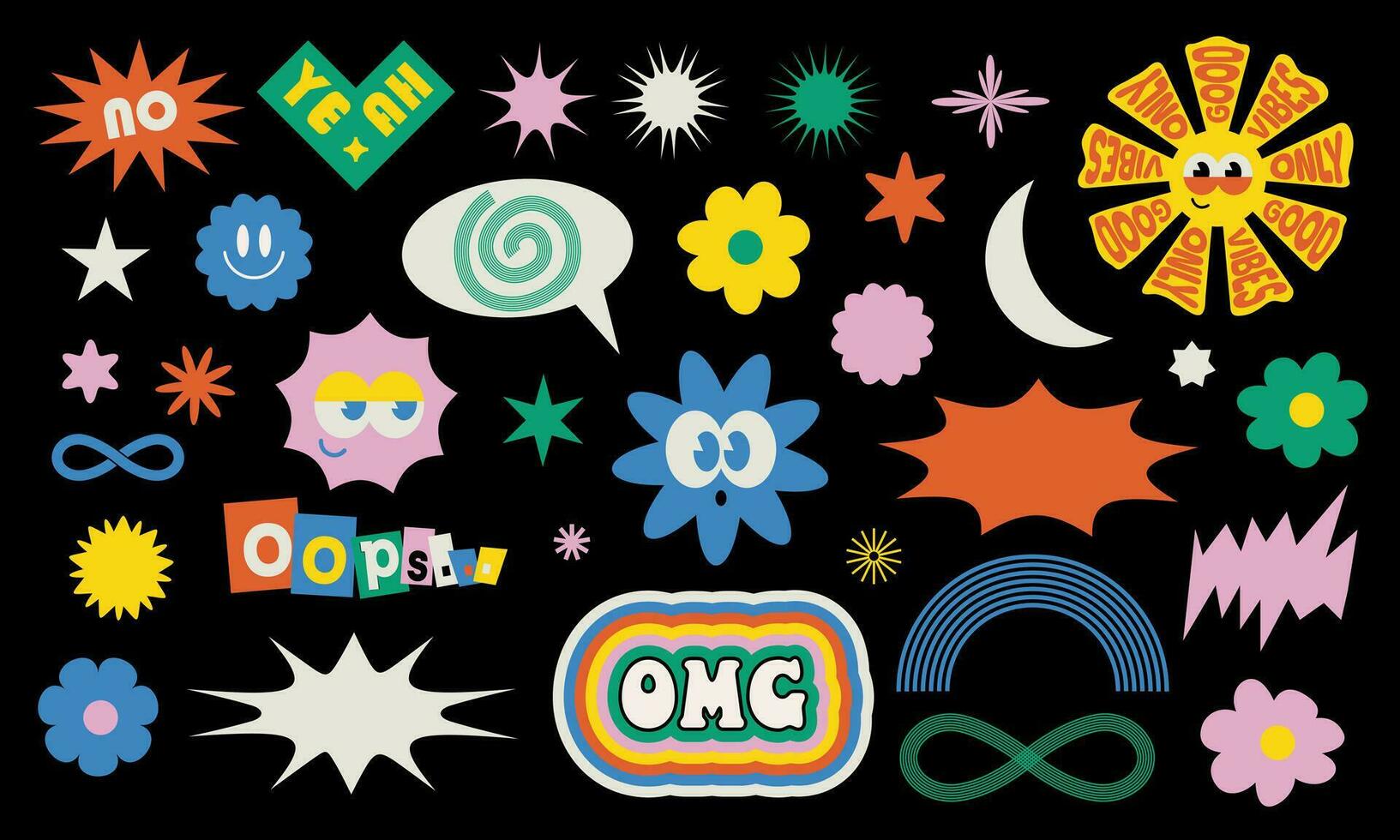 Playful Naive abstract shapes sticker pack. Groovy Retro faces typography in trendy retro 90s cartoon style. Vector illustration with geometric elements. Sun, stars and flowers. Brutalism aesthetic.