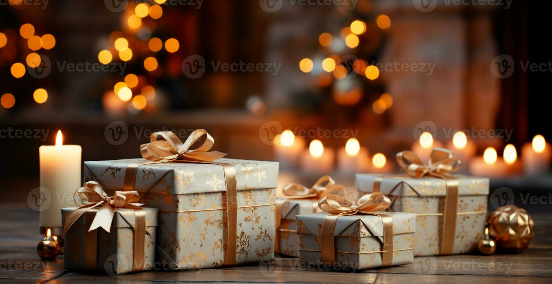 Beautiful Christmas gift box on bright bokeh background - AI generated image photo