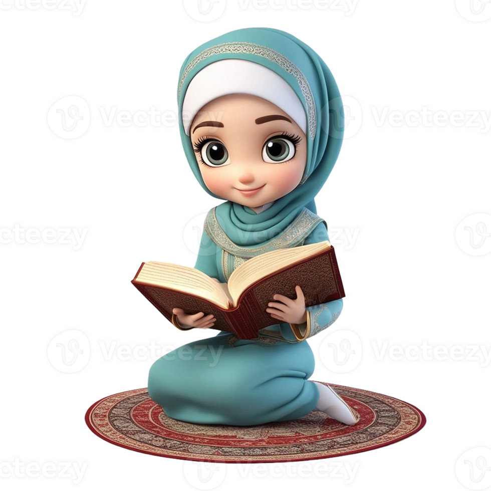 a cute girl wearing Muslim outfits reading a book, illustration 3D image, cartoon character isolated on transparent background, AI Generative png