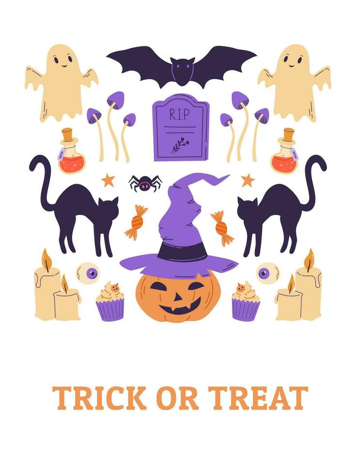 Halloween party poster, banner, card, invitation. Vector illustration. Trick or treat. Bat, pumpkin with witch's hat, ghost, black cat, tombstone, poison