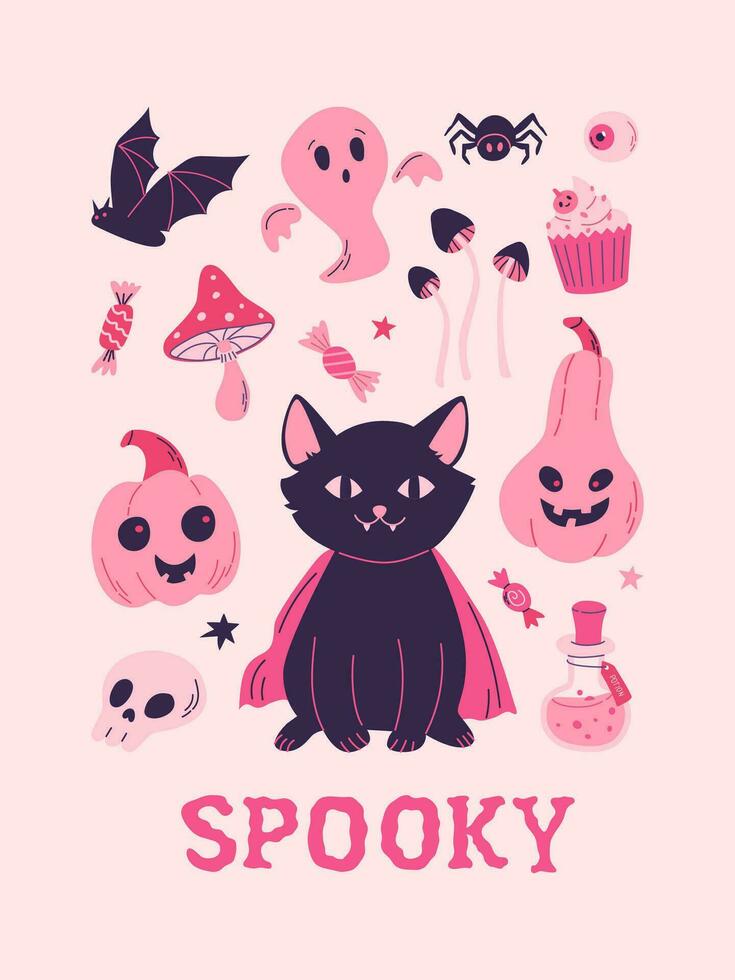 Happy Halloween party poster, invitation, pinkcore background. Barbiecore style vector illustration. Bat, black cat, pumpkins, ghost, mushrooms, sweets, candy