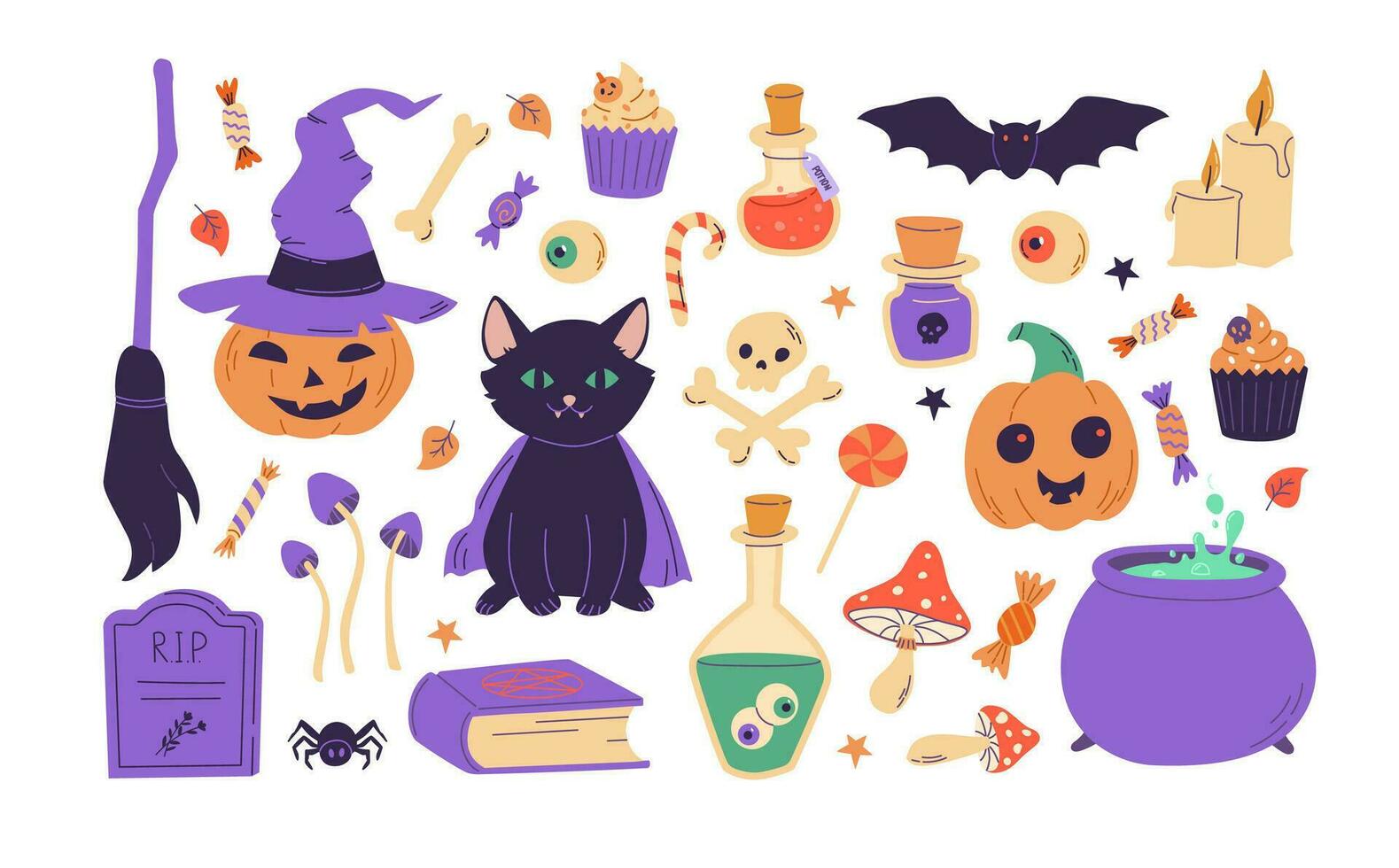 Cartoon Halloween elements clip art. Pumpkin, bat, black cat, potion, candies, spider, broom, magic vector set. Perfect for scrapbooking, invitation, greeting card, poster design