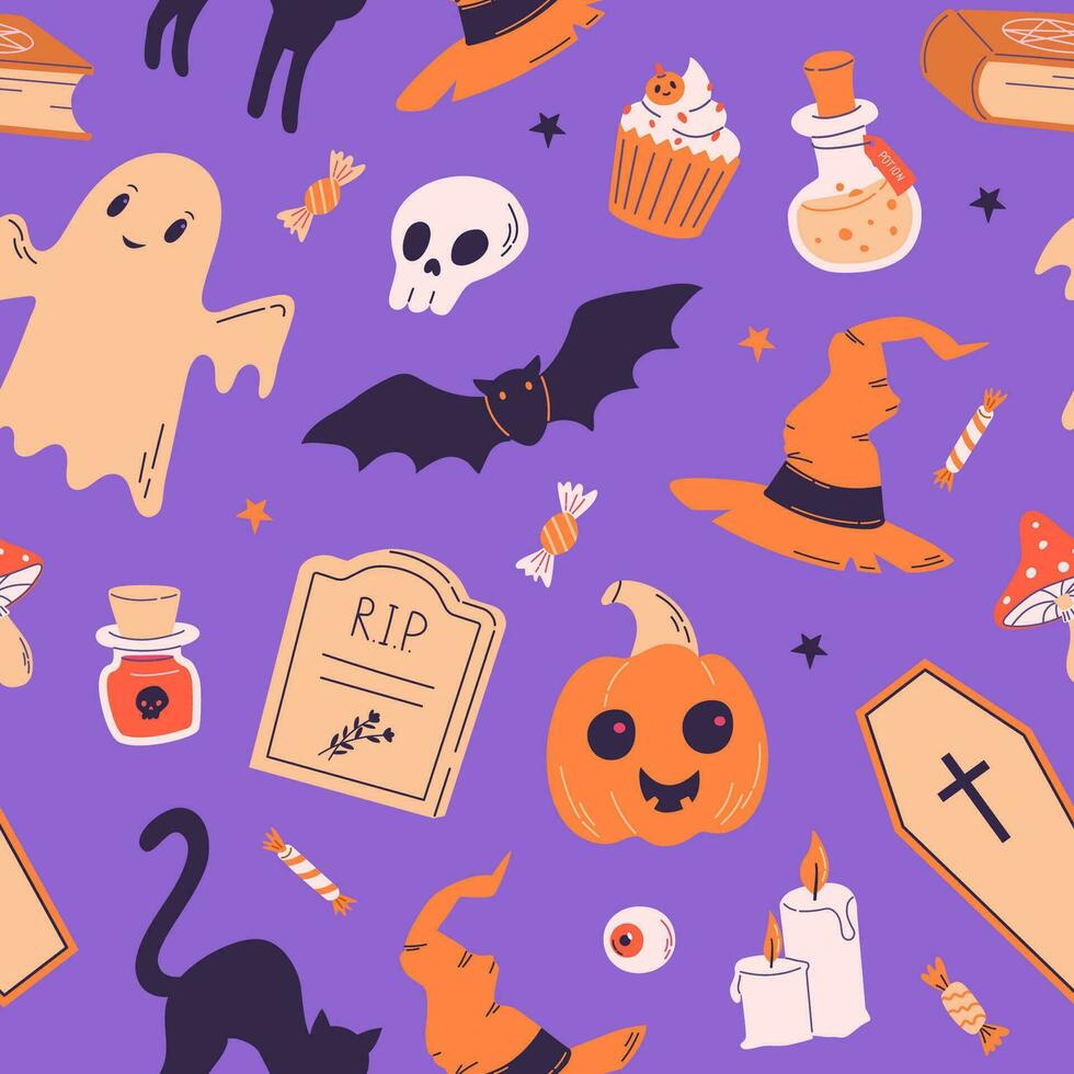 Mystic halloween seamless pattern with spirit, witch hat, pumpkin, potion, bat, cat, candy. Trick or treat Vector illustration