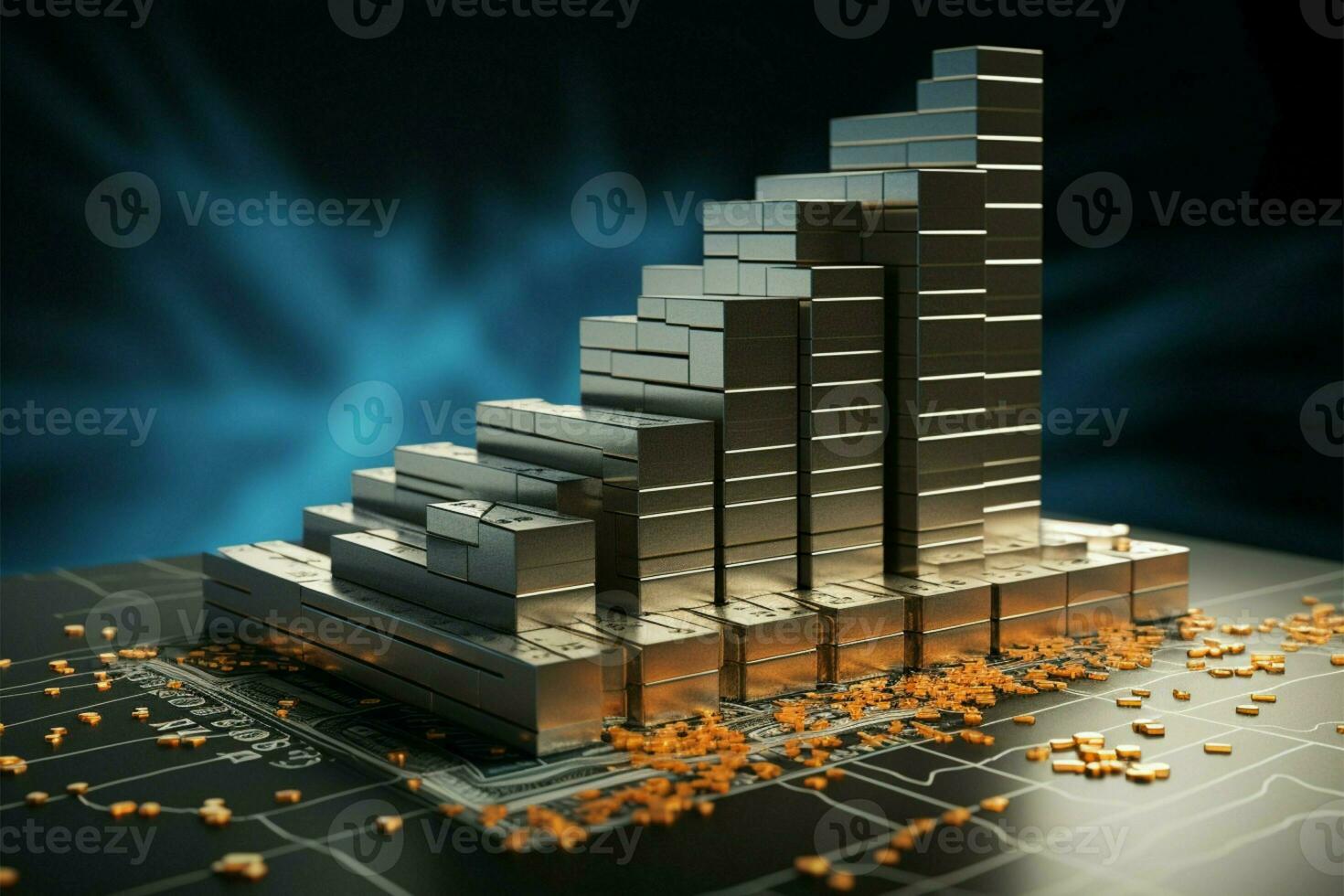 3D rendered chart, money stacks, and finance arrow depict business trajectory AI Generated photo