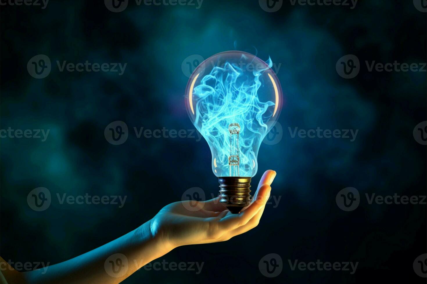 Hand, idea lamp, and blue smoke converge, solution through innovation AI Generated photo