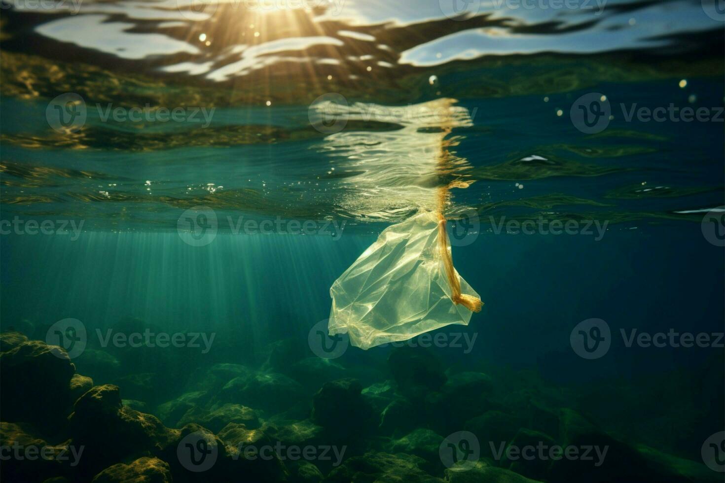 Underwater, a plastic bag pollutes the ocean AI Generated photo