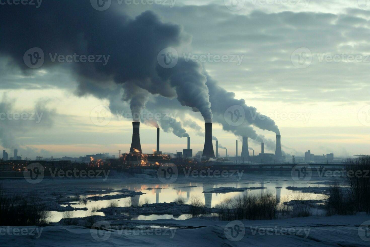 Smoke pollution from heating station blankets wintry cityscape, impacting globally AI Generated photo