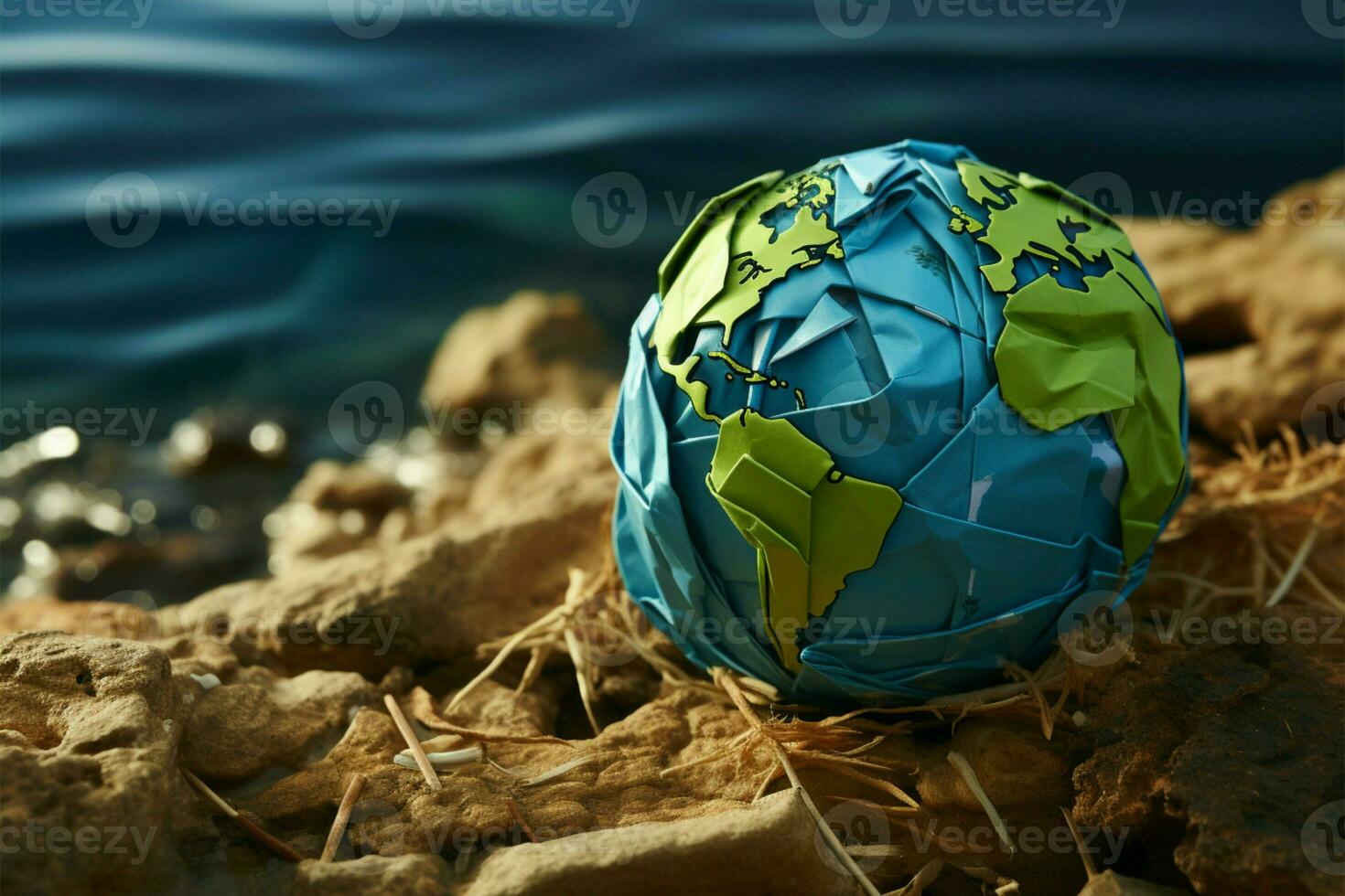 Crumpled paper Earth model symbolizes environmental degradation AI Generated photo