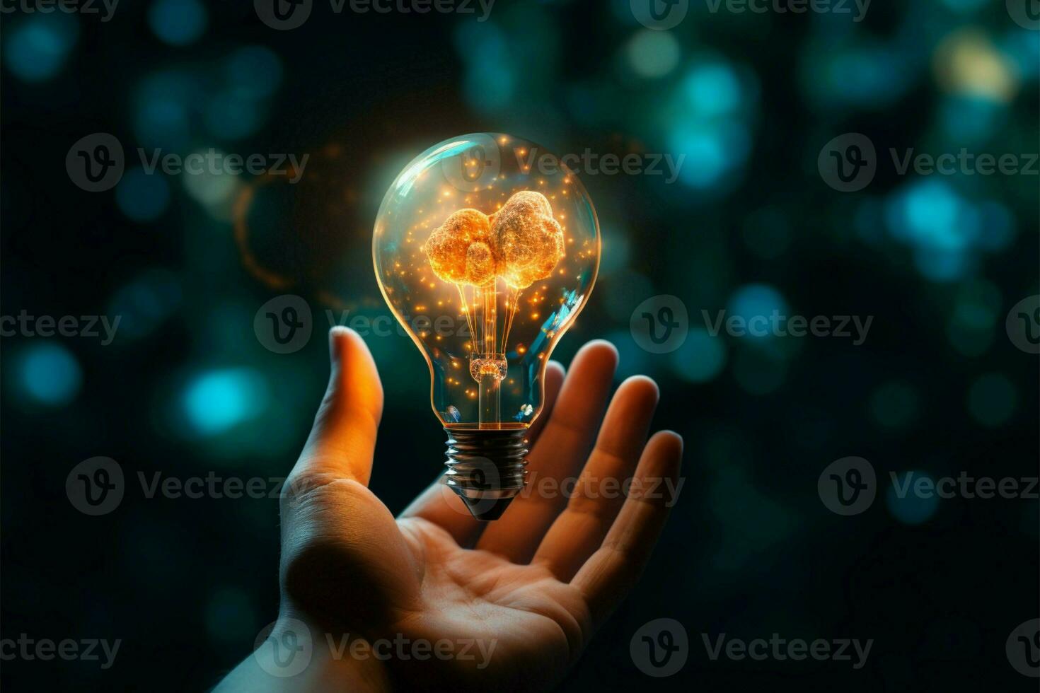 Virtual bulb held by hand and mind, sparking ingenious concepts AI Generated photo