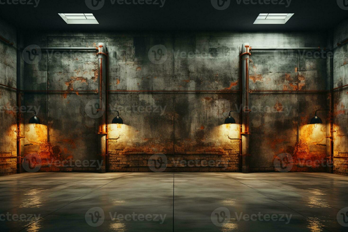 Grunge chic, Empty room, brick walls, concrete floor, neon light, smoke AI Generated photo