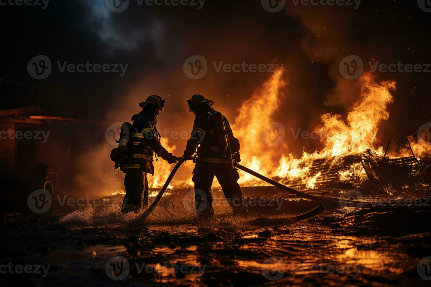 dos bomberos luchando un fuego con un manguera y agua ai generado foto