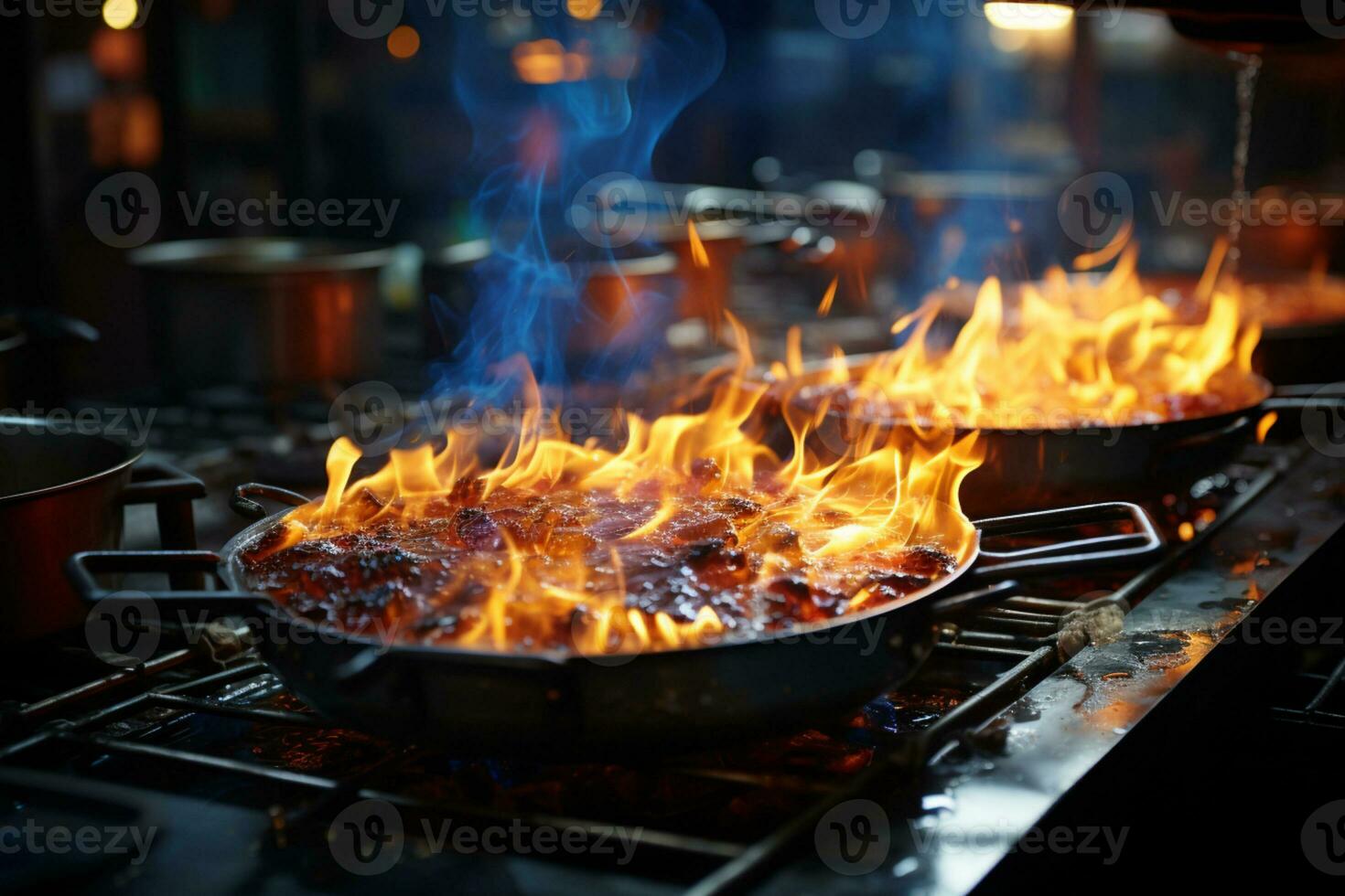 Cooking in kitchen, stove emits scorching blue and yellow flames AI Generated photo