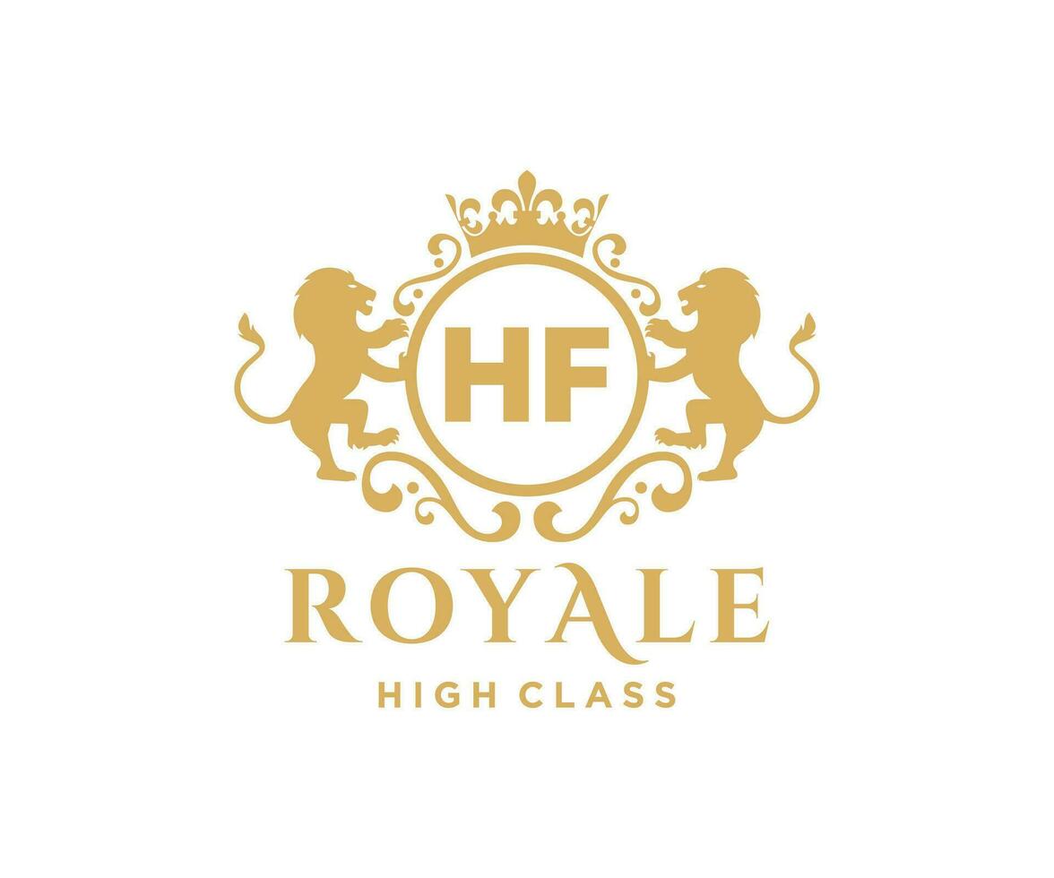 Golden Letter HF template logo Luxury gold letter with crown. Monogram alphabet . Beautiful royal initials letter. vector