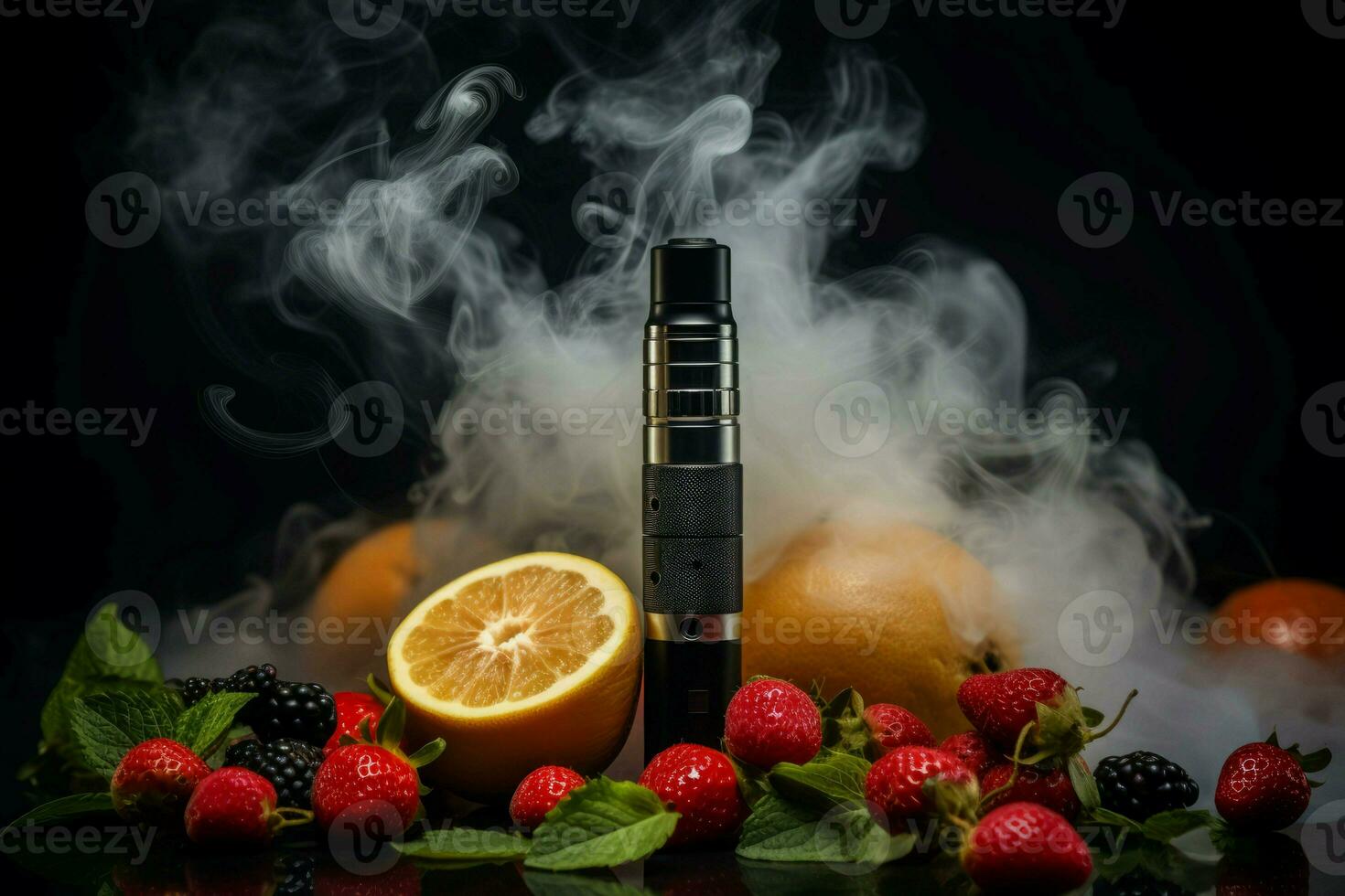 E cigarette with fruits for vaping. Generate Ai photo