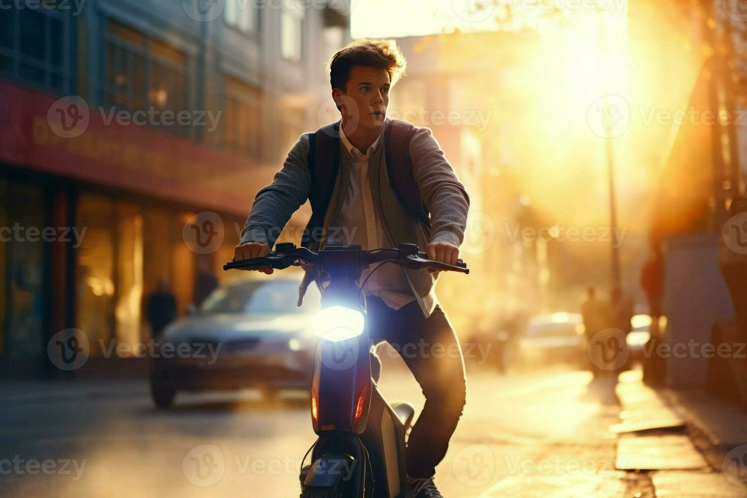 hombre paseo eléctrico scooter a Mañana. generar ai foto