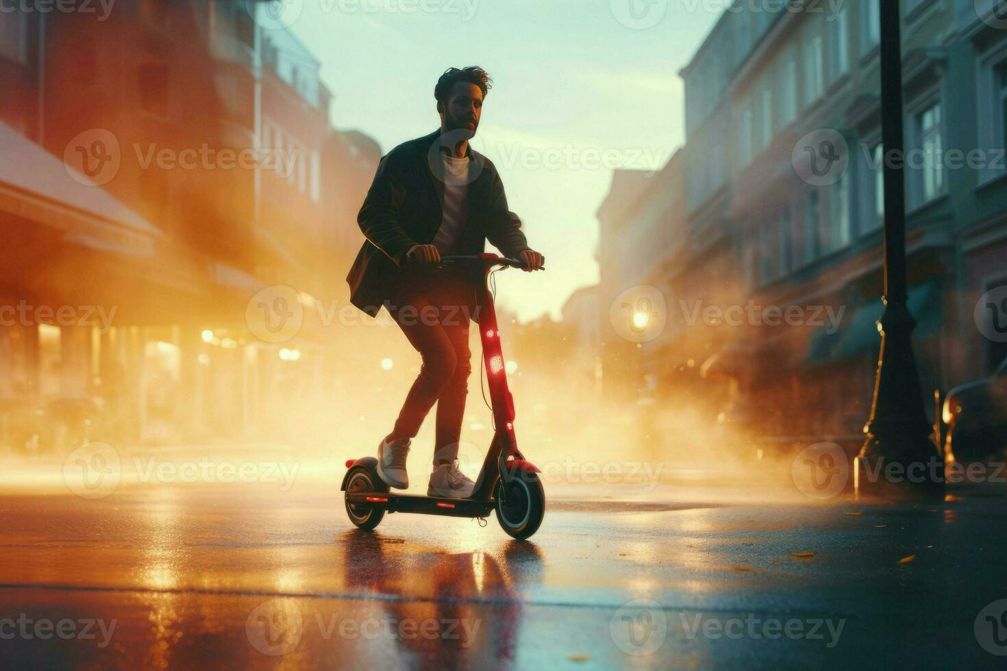 Man ride electric scooter. Generate Ai photo