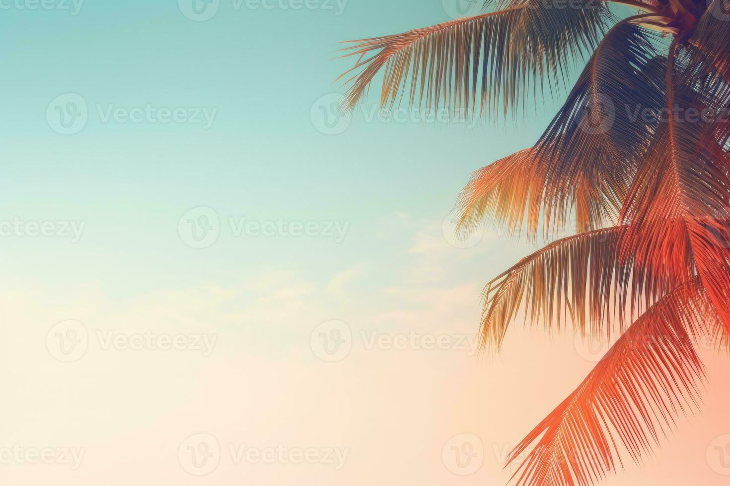 Coconut tree leaves on a sky with copy space. Summer vacation concept. AI Generated photo