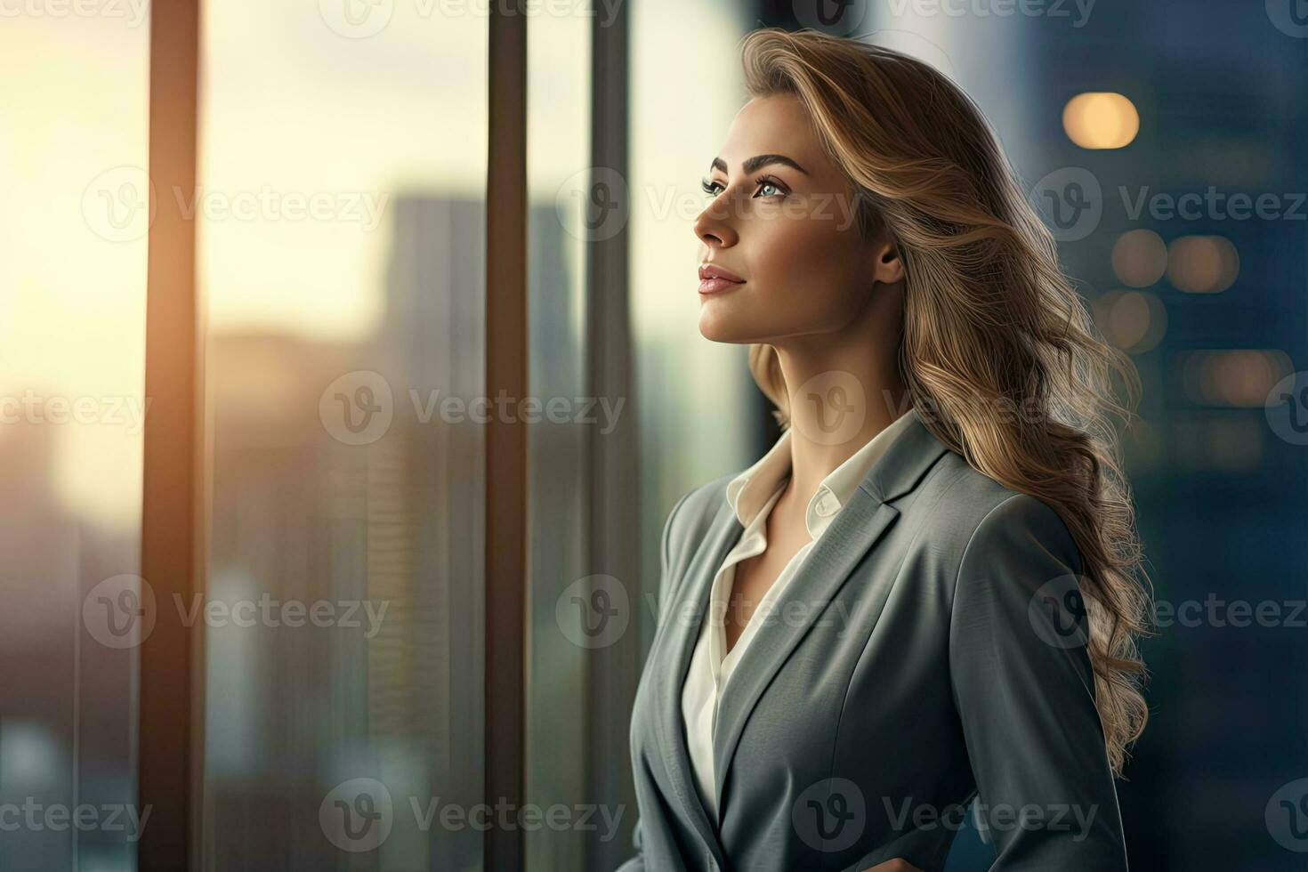 Woman in gray suit, standing in front of window with cityscape. AI Generated photo