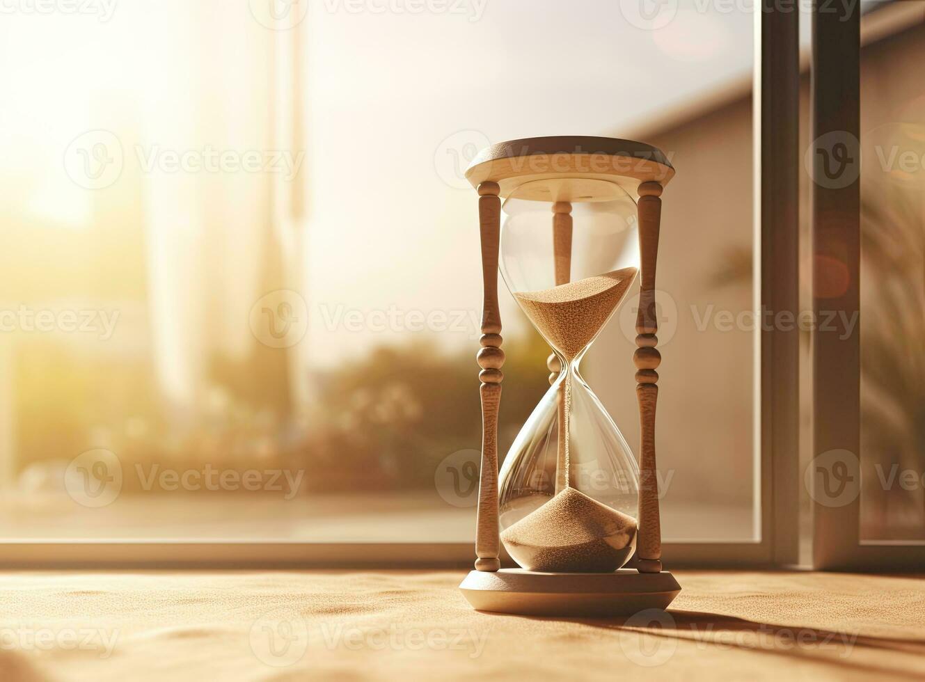 Life time passing concept. Hourglass with sun light background. AI Generated photo