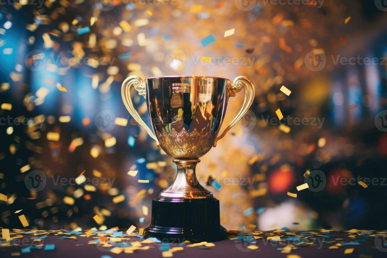 dorado trofeo con papel picado y bokeh luces en el antecedentes. ai generado foto