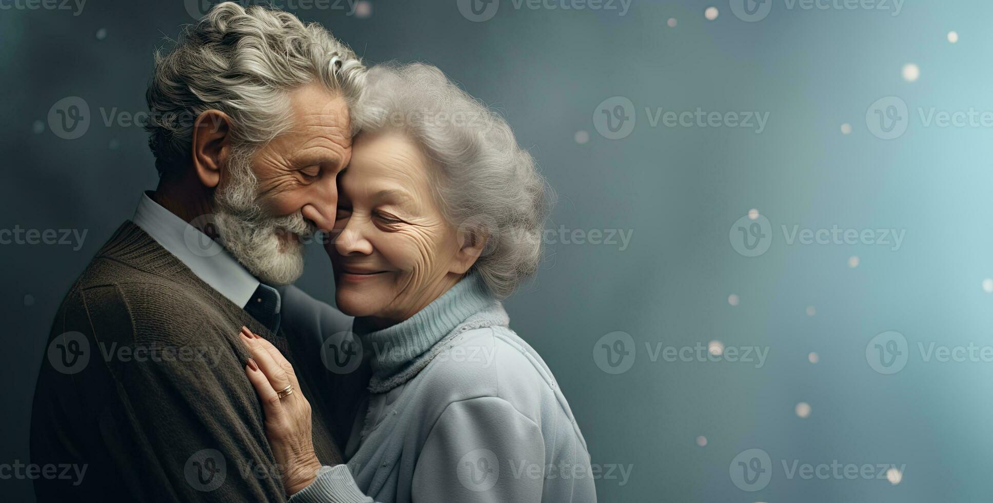 A senior couple embracing each other on a dreamy copy space background. AI Generated photo