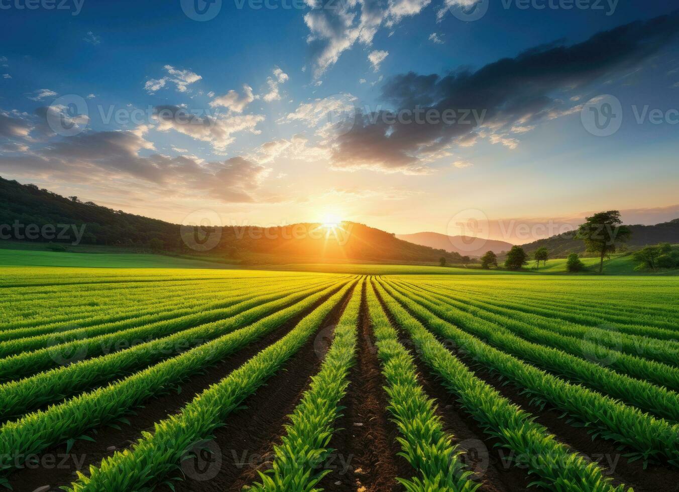 maizal plantación durante puesta de sol en el campo. ai generado foto