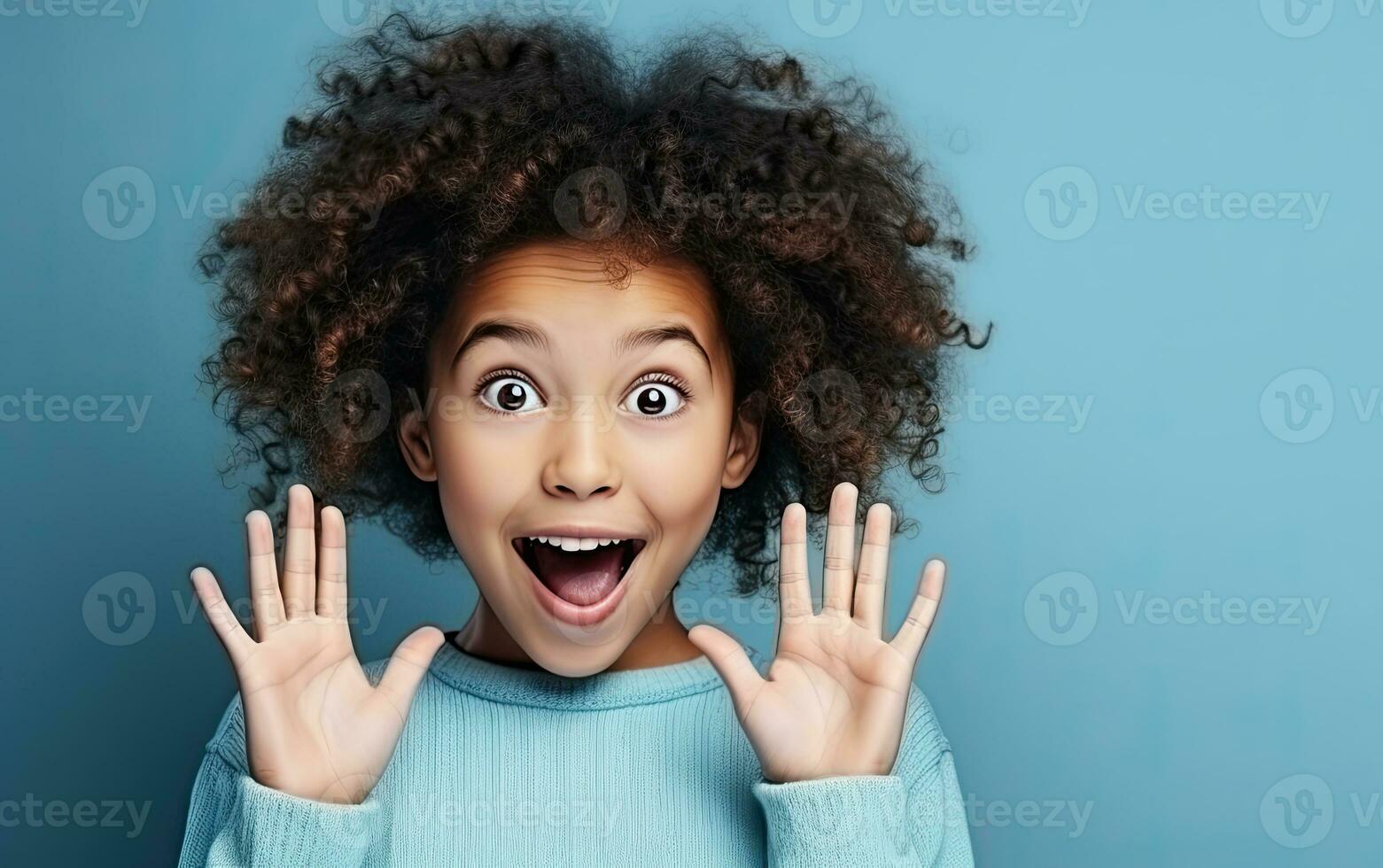 African American girl screaming excitedly isolated on blue background. AI Generated photo