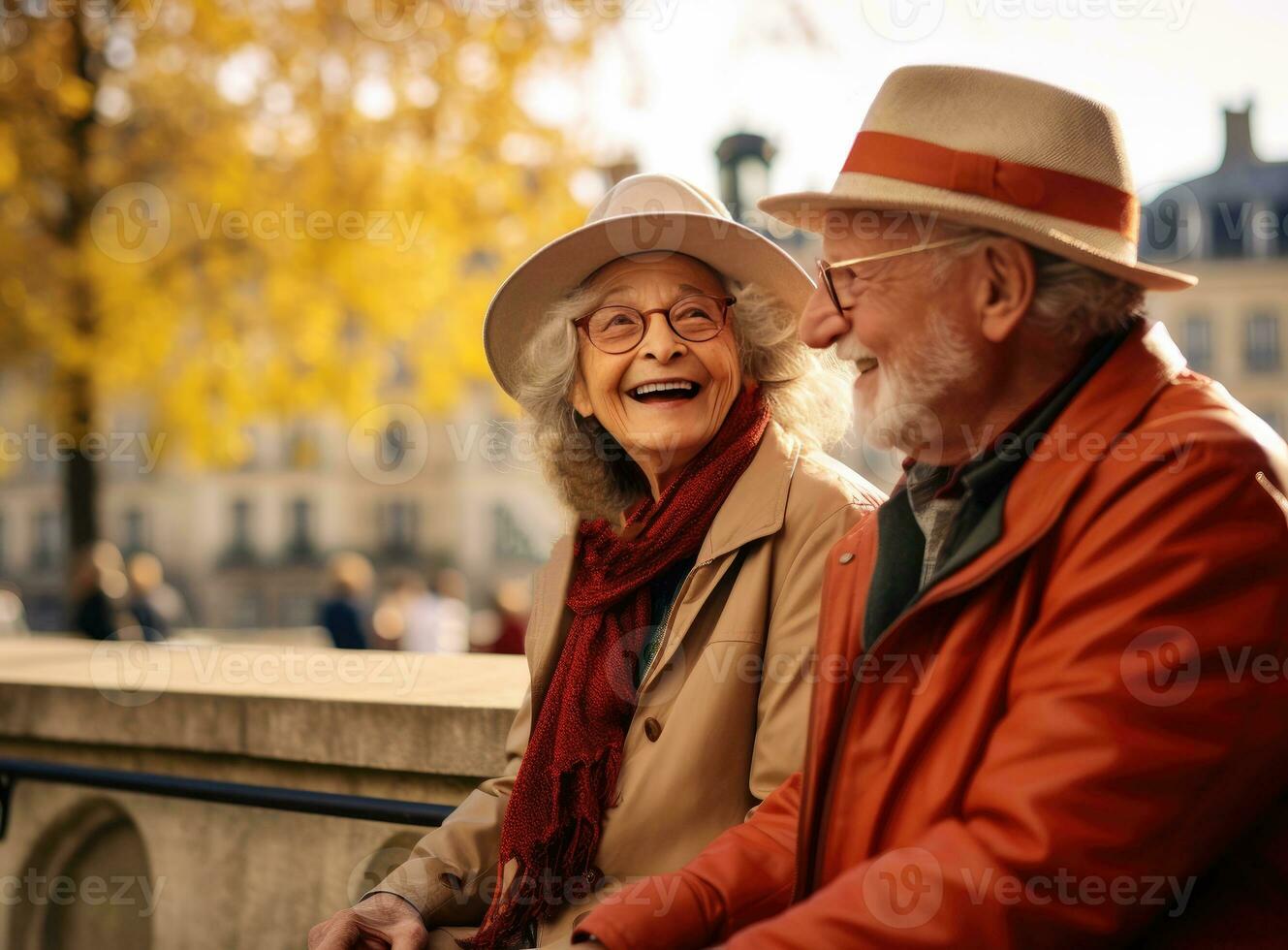 Senior couple at the park during autumn. Retirement. AI Generated photo
