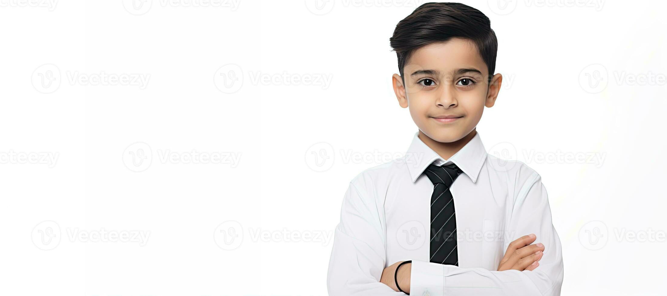 indio colegial con cruzado brazos aislado en blanco. ai generado foto